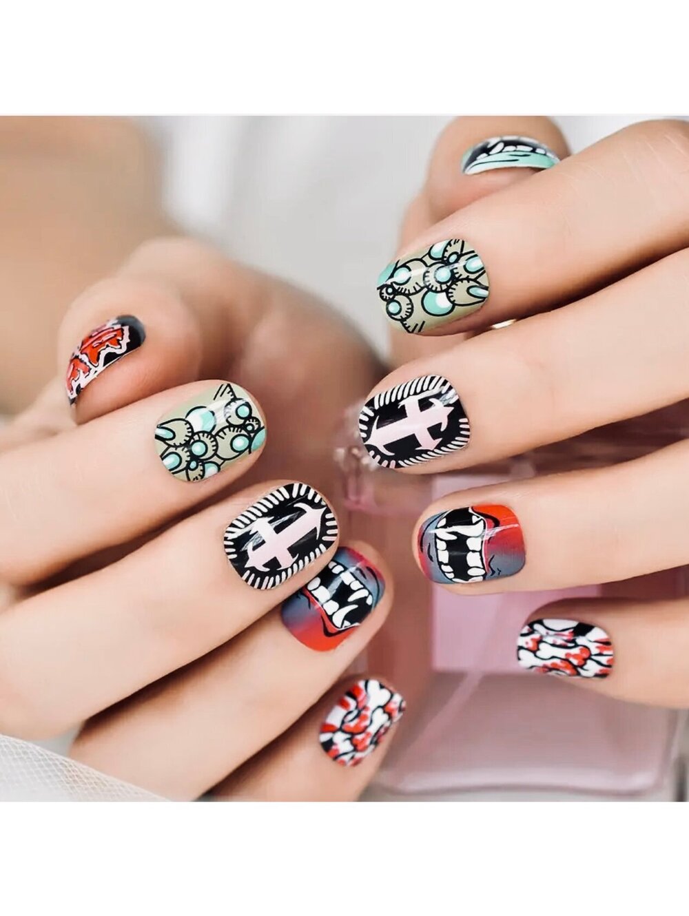 New - Unique - 24pcs - Cartoon Graffiti Design Glossy Reusable Press-On-Nails